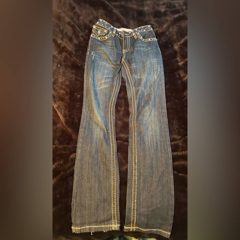 Gemmed low rise dark wash bootcut MissChicJeans with added waist band